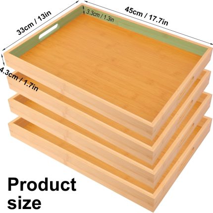 4 Pack Large Bamboo Serving Tray with Handles - 18 x 13 Inch Wooden Dinner Tray, Home Kitchen Decorative Tray, Breakfast Trays for Eating on Couch, Lap Trays, Coffee, Kitchen, Picnic
