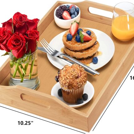 Serving Tray Bamboo - Wooden Tray with Handles - Great for Dinner Trays, Tea Tray, Bar Tray, Breakfast Tray, or Any Food Tray - Good for Parties or Bed Tray